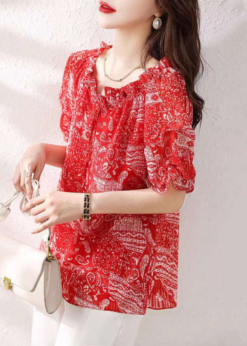 Classy Red Ruffled Print Patchwork Chiffon Shirts Top Summer LY6988 Ada Fashion