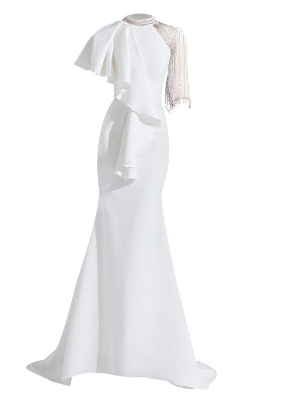 Classy White Asymmetrical Tulle Patchwork Slim Fishtail Maxi Dress Summer Ada Fashion