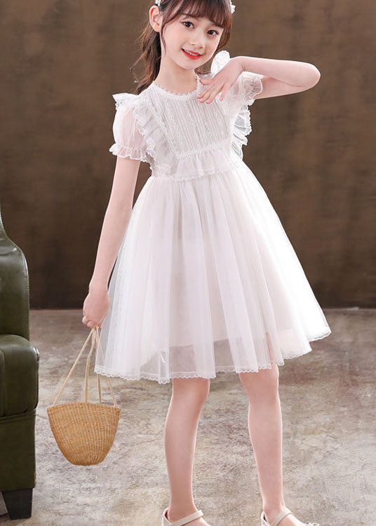 Classy White Ruffled Patchwork Tulle Kids Girls Dresses Summer Ada Fashion