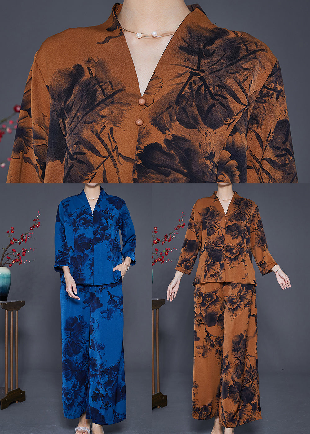 Coffee Inkwash Painting Silk Two Pieces Set V Neck Summer Ada Fashion
