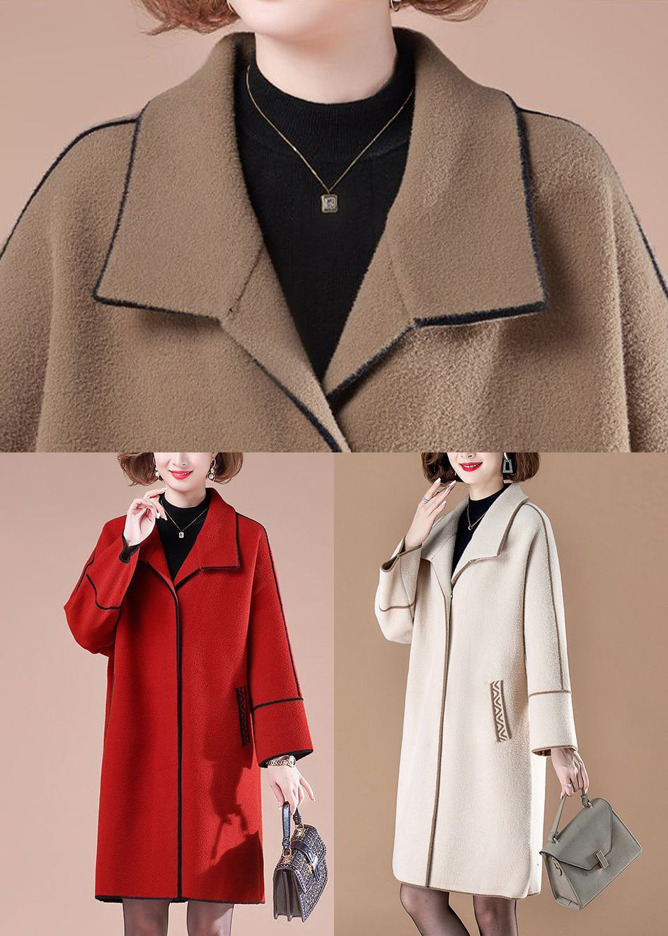 Coffee Patchwork Woolen Trench Coats Oversized Winter Ada Fashion