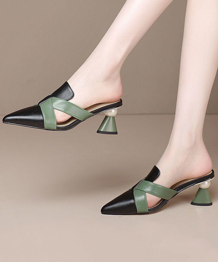 Colorblock Chunky Cowhide Leather Comfortable Splicing High Heel Slippers LC0191 - fabuloryshop