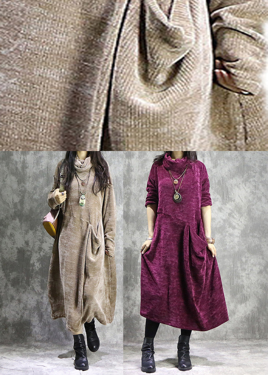 Corduroy Long Sleeve Turtleneck Causal Baggy Maxi Dress Khaki LC0018 - fabuloryshop