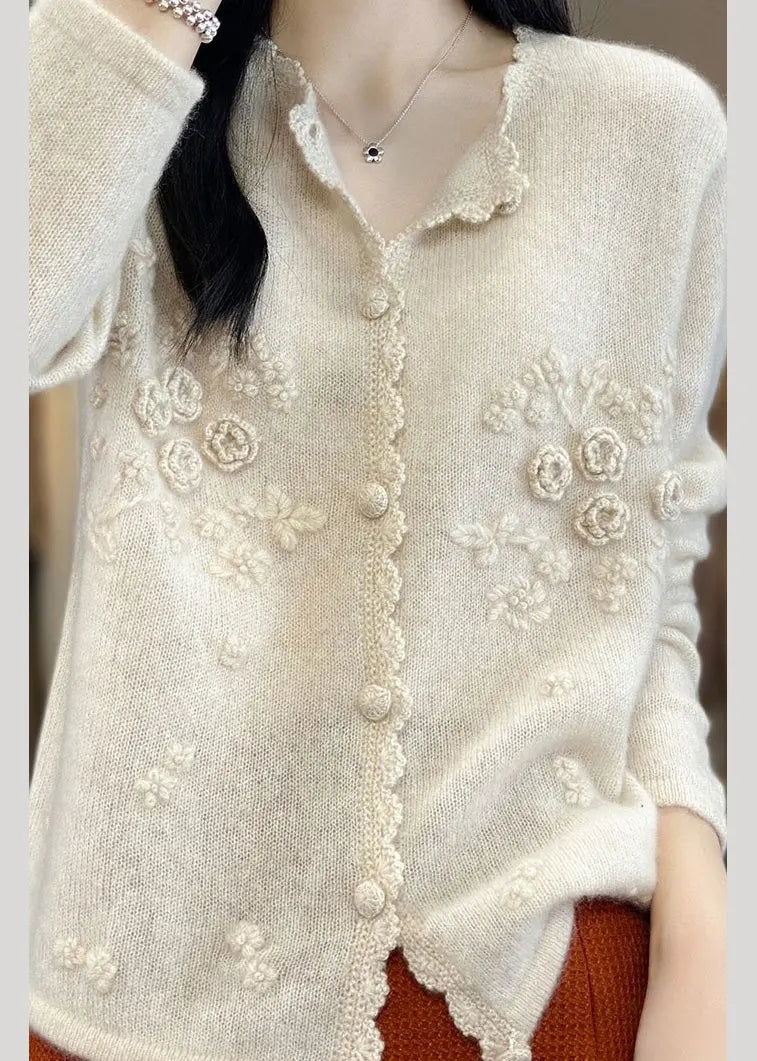 Cute Apricot Rose Floral Button Cashmere Knit Cardigans Long Sleeve Ada Fashion