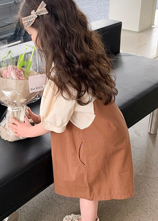 Cute Coffee Pockets Floral Patchwork False Two Pieces Cotton Baby Girls Dress Summer LY5482 - fabuloryshop