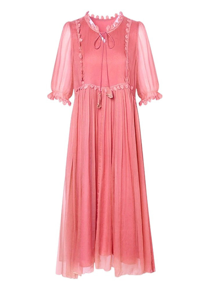 Cute Pink O-Neck Patchwork Wrinkled Silk Maxi Dress Summer Ada Fashion