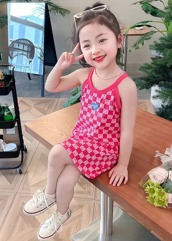 Cute Pink O-Neck Print Girls Slip Mid Dress Summer Ada Fashion