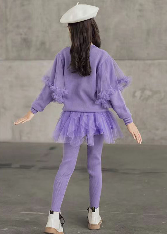 Cute Purple O Neck Sequins Tulle Patchwork Girls Two Pieces Set Fall Ada Fashion
