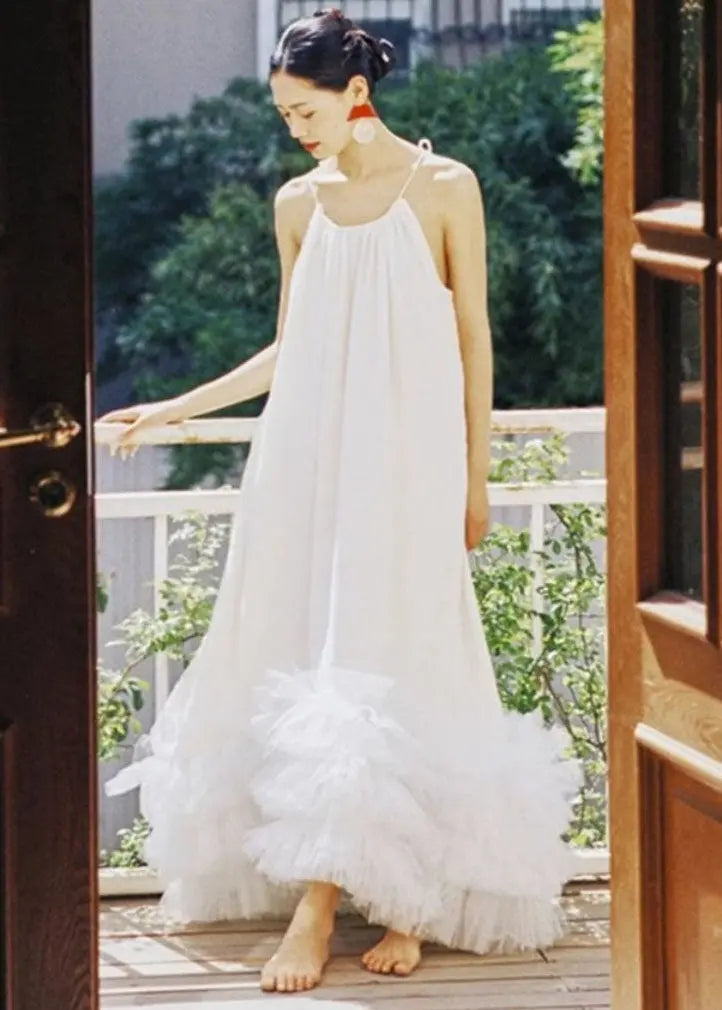 Cute White Halter Floral Tulle Patchwork Long Dresses Summer Ada Fashion