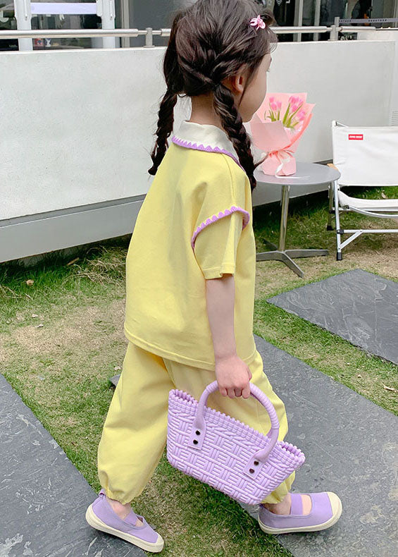 Cute Yellow Cartoon Decorated Patchwork Cotton Kids Girls Two Pieces Set Summer LY5445 - fabuloryshop