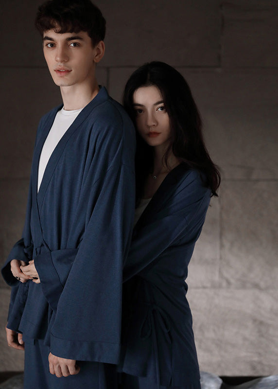 DIY Blue V Neck Tie Waist Cotton Pajamas Two Pieces Set Long Sleeve TO1030 - fabuloryshop