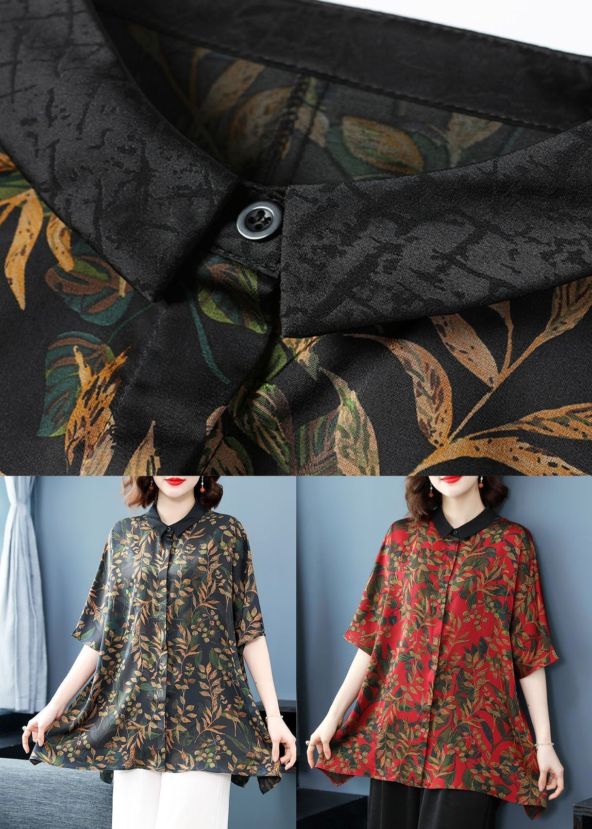 DIY Red Peter Pan Collar Print Patchwork Silk Shirts Summer LY6682 - fabuloryshop