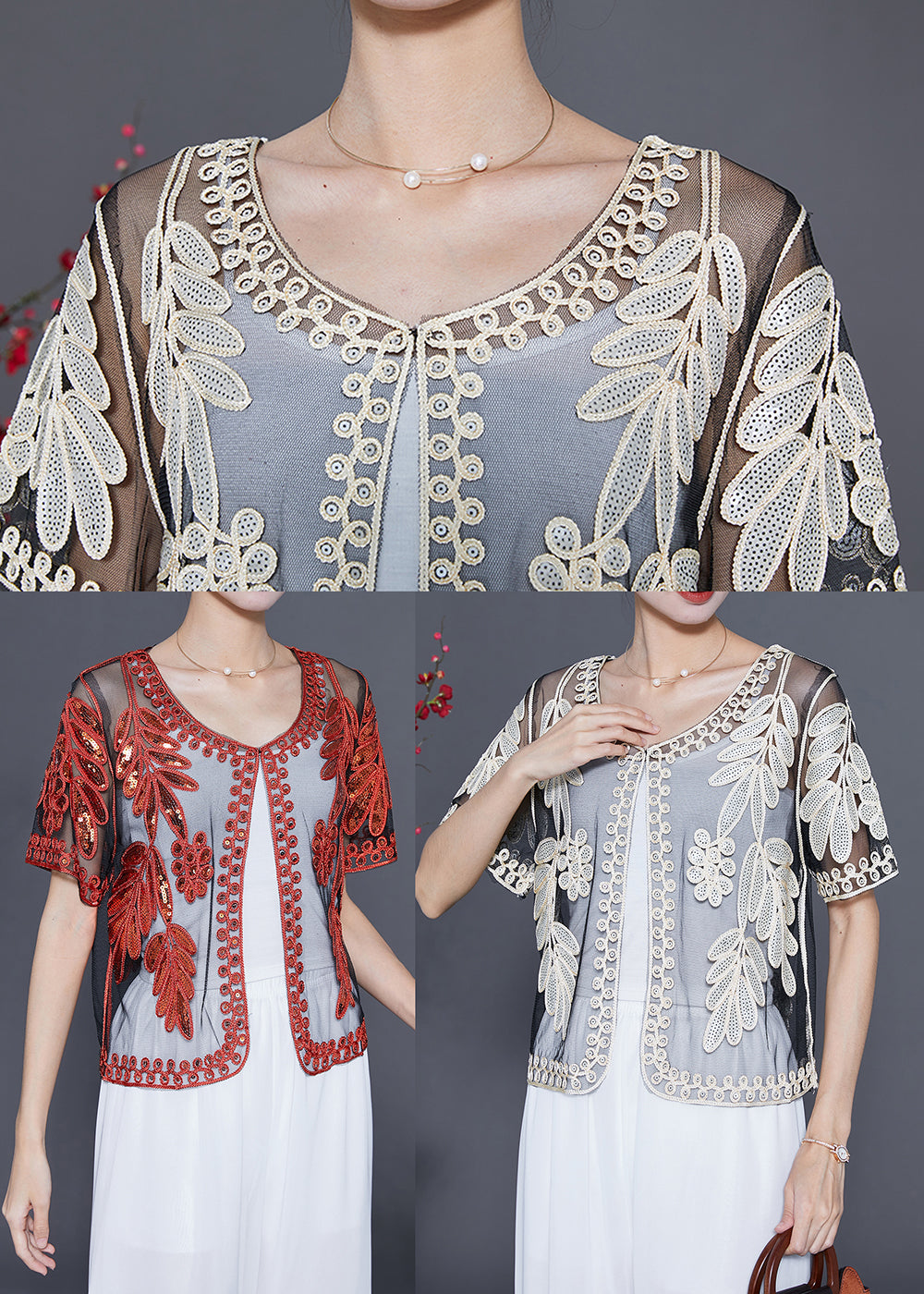 DIY Red Sequins Hollow Out Tulle Cardigan Summer LY5576 - fabuloryshop