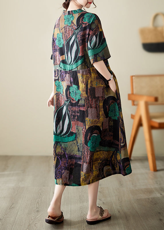 Diy Brown Cinched Print Linen Maxi Dresses Summer Ada Fashion