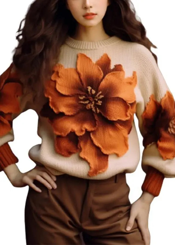 Elegant Apricot Floral Cozy Knit Sweaters Fall Ada Fashion