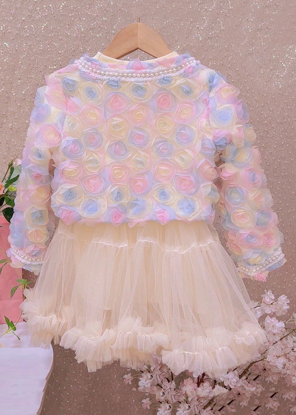 Elegant Beige Pearl Tulle Patchwork Girls Two Pieces Set Fall Ada Fashion