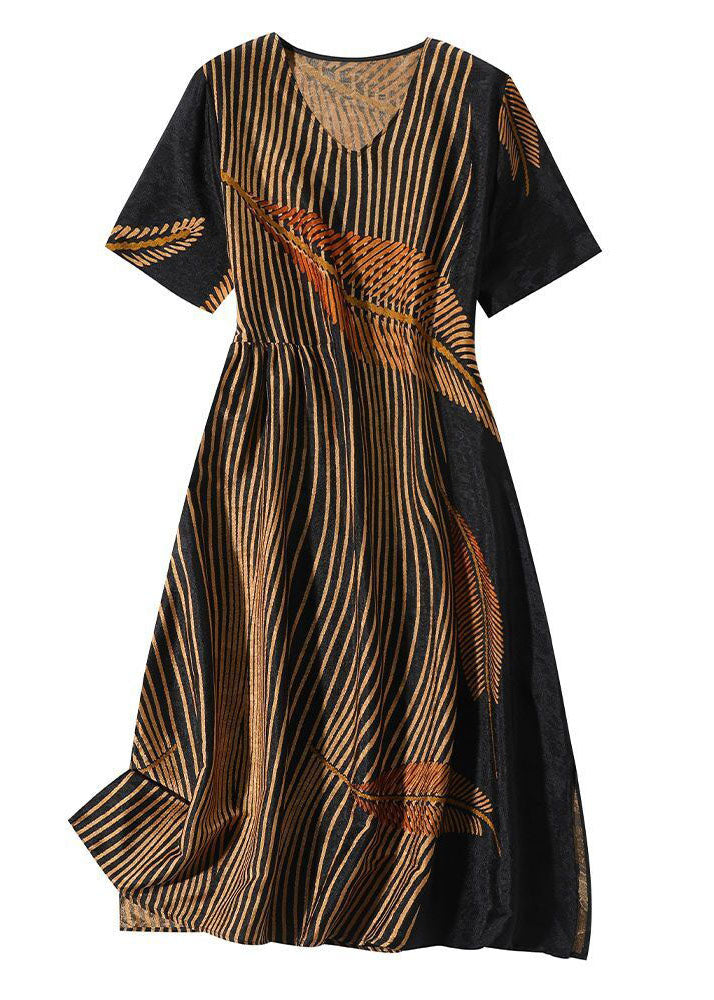 Elegant Black V Neck Leaf Print Side Open Silk Long Dress Summer TG1060 - fabuloryshop