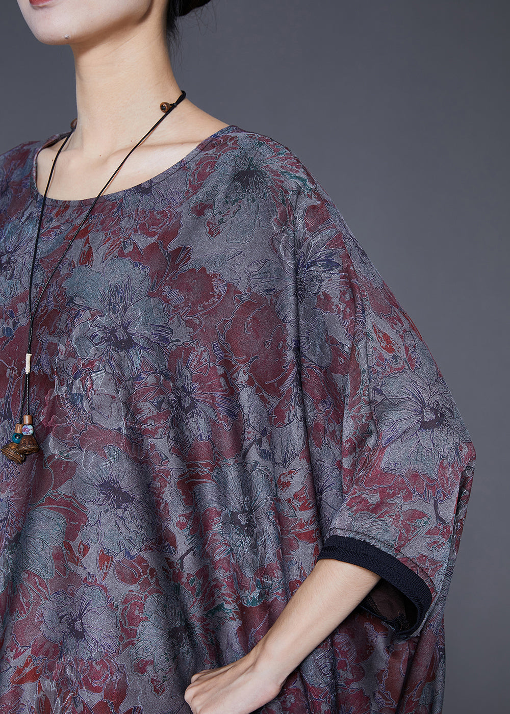 Elegant Blue Grey Oversized Patchwork Tassel Silk Dresses Batwing Sleeve Ada Fashion