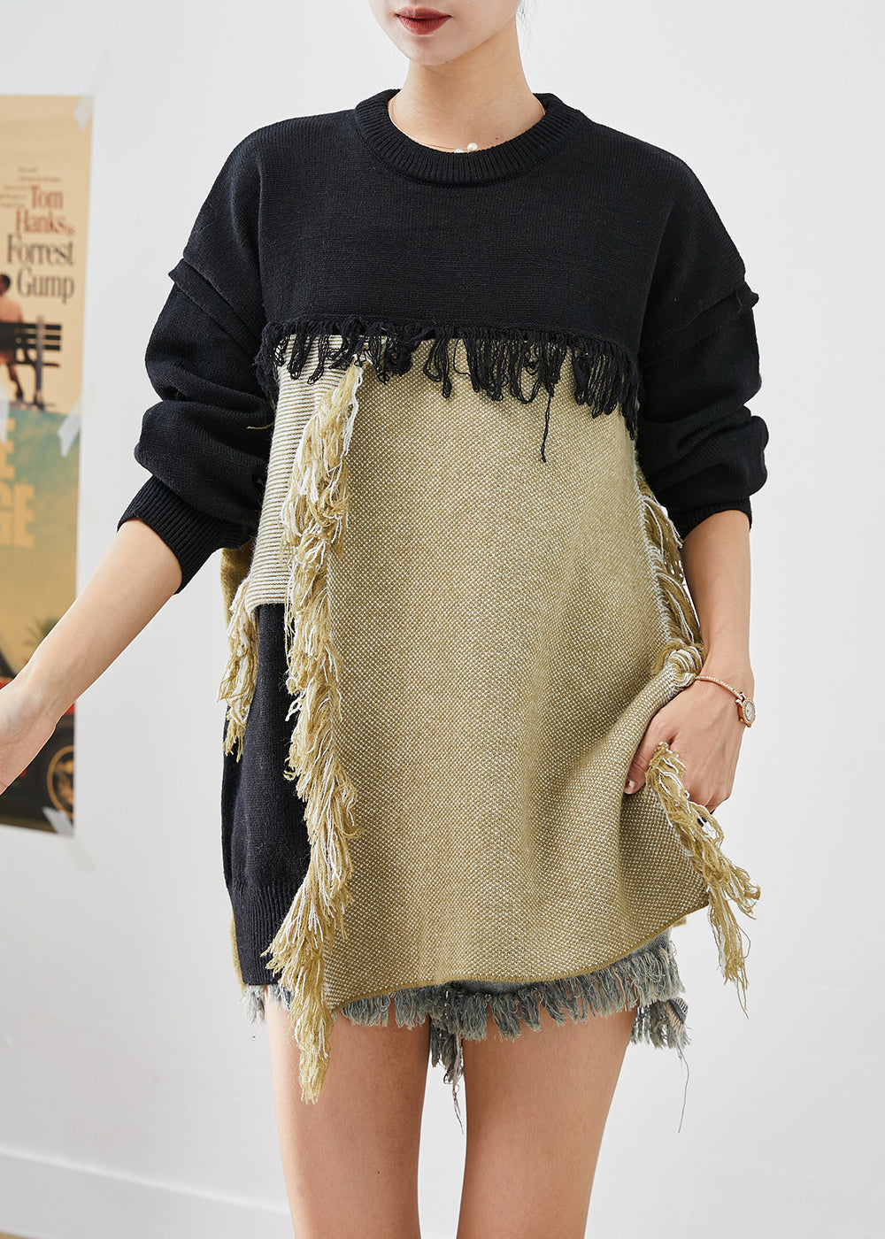 Elegant Colorblock Tasseled Patchwork Knitted Tops Fall Ada Fashion