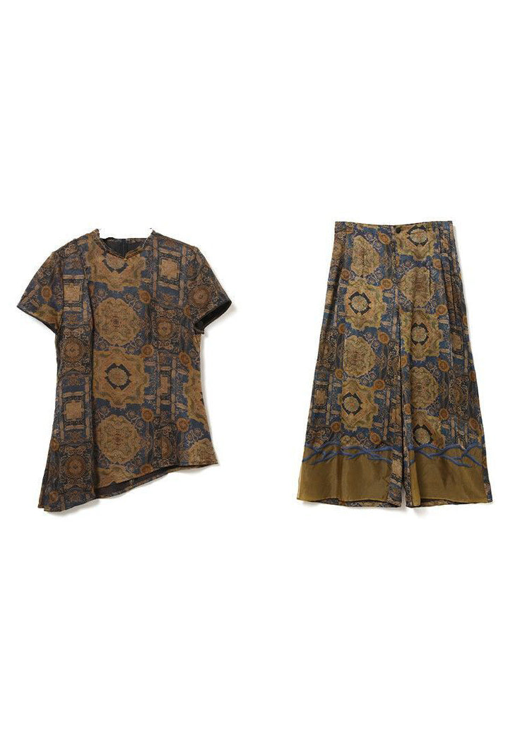 Elegant Khaki Asymmetrical Design Print Silk Two Pieces Set Summer LY0701 - fabuloryshop