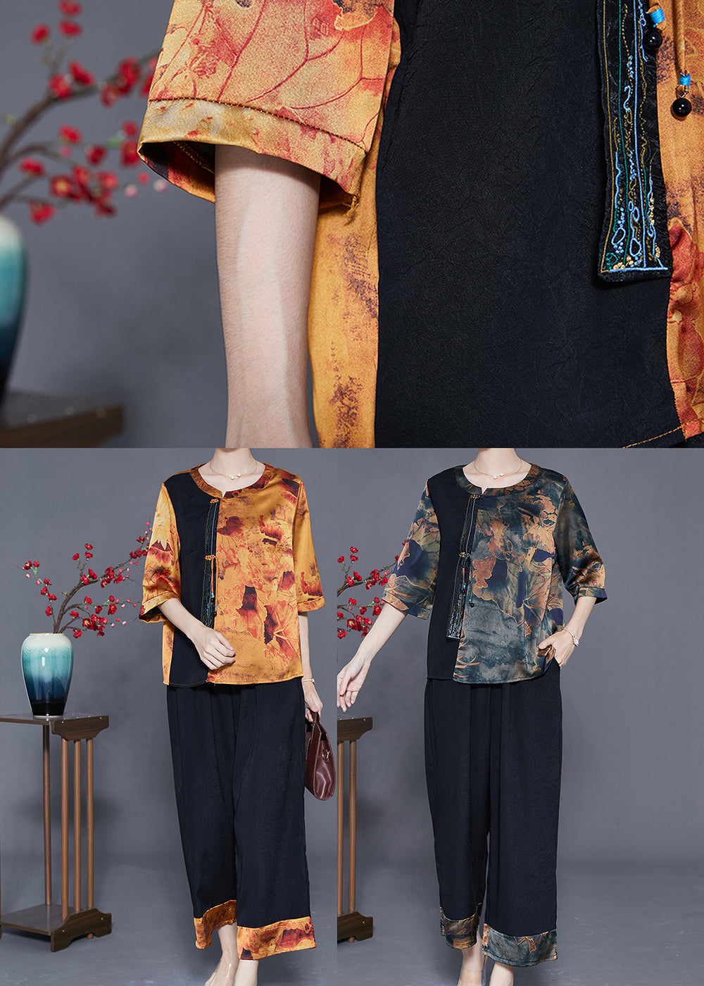 Elegant Khaki Oversized Patchwork Silk Two Pieces Set Half Sleeve LY3609 - fabuloryshop