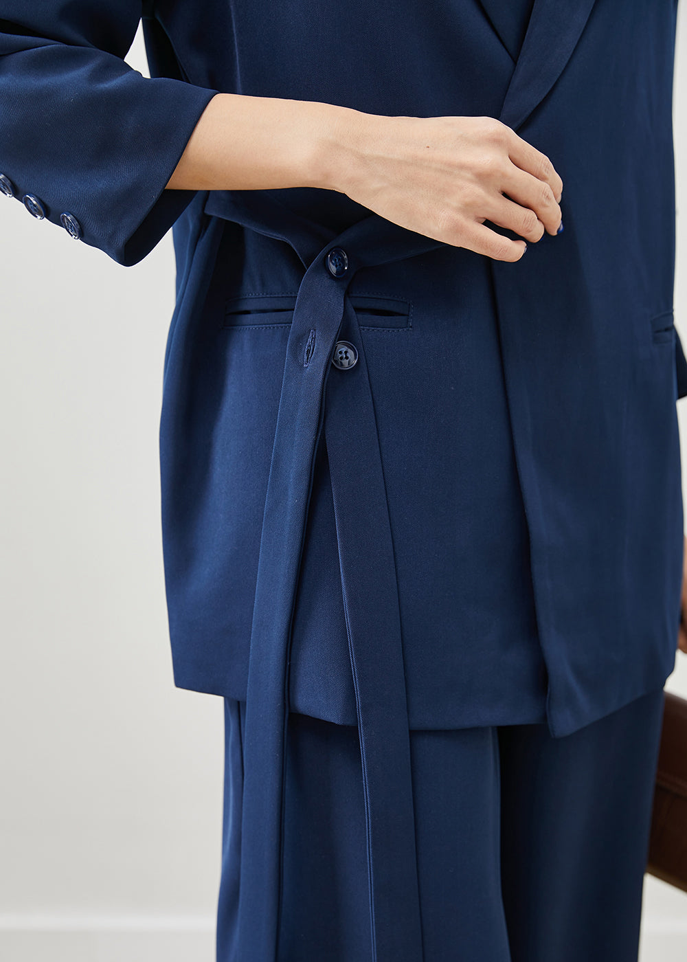 Elegant Navy Tie Waist Draping Spandex Two Pieces Set Fall Ada Fashion
