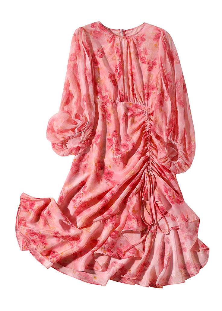 Elegant Pink O-Neck Print Tunic Slim Vacation Long Dresses Lantern Sleeve LY0731 - fabuloryshop