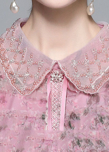 Elegant Pink Ruffled Nail Bead Print Patchwork Tulle Mid Dress Summer LY7428 - fabuloryshop