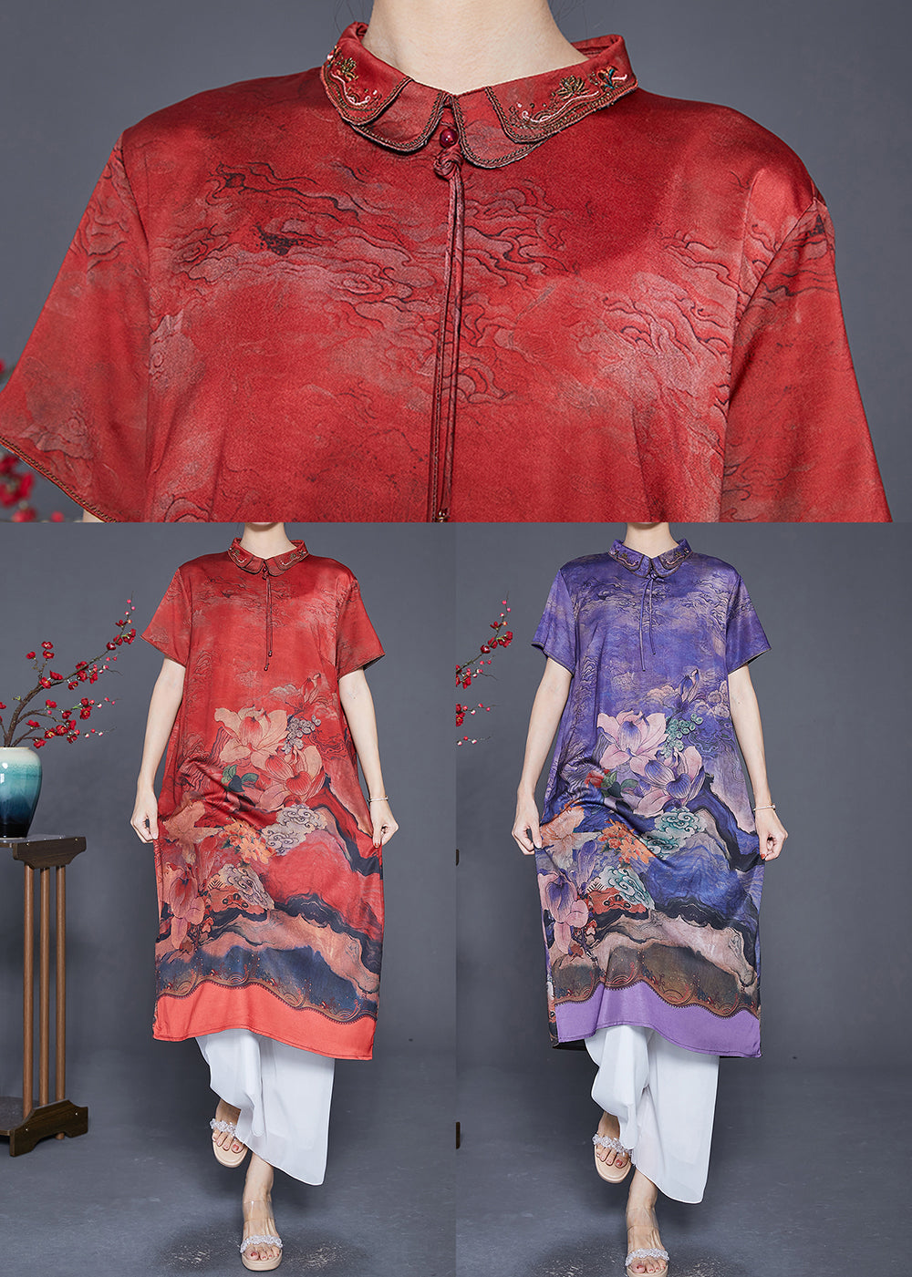 Elegant Red Peter Pan Collar Print Silk Robe Dresses Summer Ada Fashion
