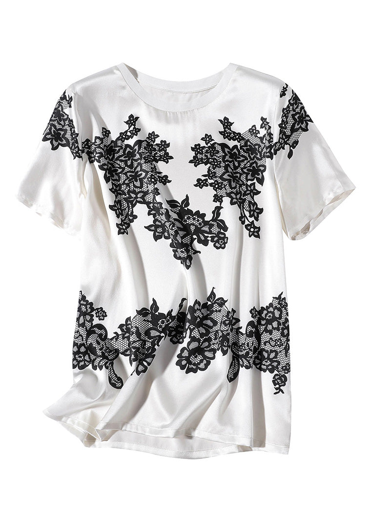Elegant White O-Neck Print T Shirt Short Sleeve LY1044 - fabuloryshop