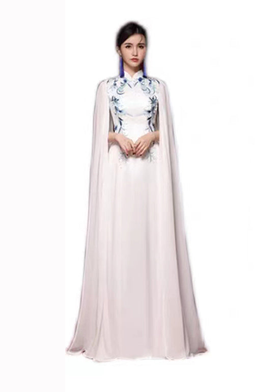 Elegant White Stand Collar Embroideried Patchwork Chiffon Maxi Dresses Fall Ada Fashion