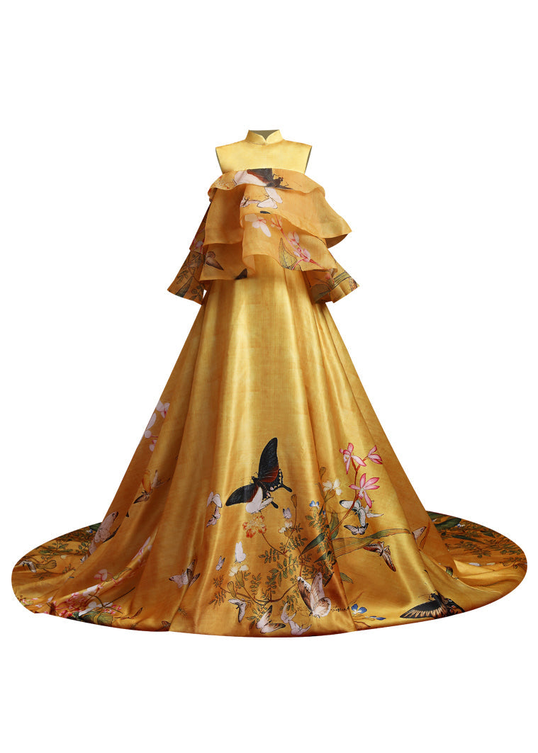 Elegant Yellow Stand Collar Print Ruffled Silk Maxi Dresses Sleeveless Ada Fashion