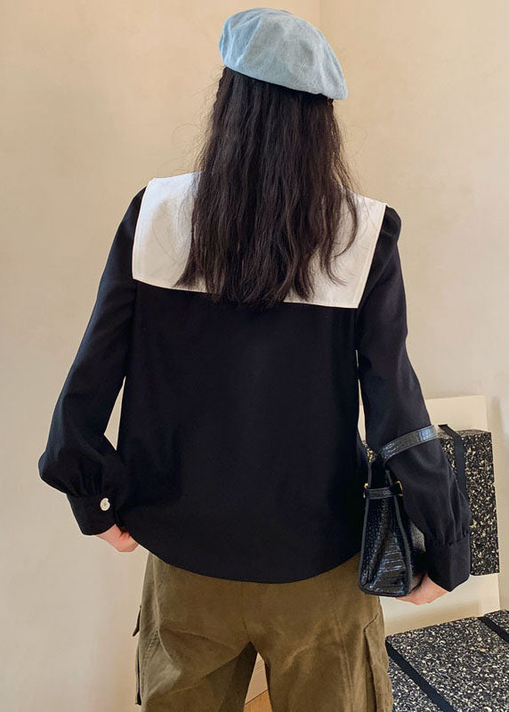 Fashion Black Patchwork Floral Decorated Cotton Blouses Spring LY0772 - fabuloryshop