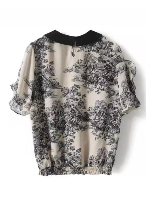 Fashion Black Peter Pan Collar Print Patchwork Chiffon Shirt Summer Ada Fashion