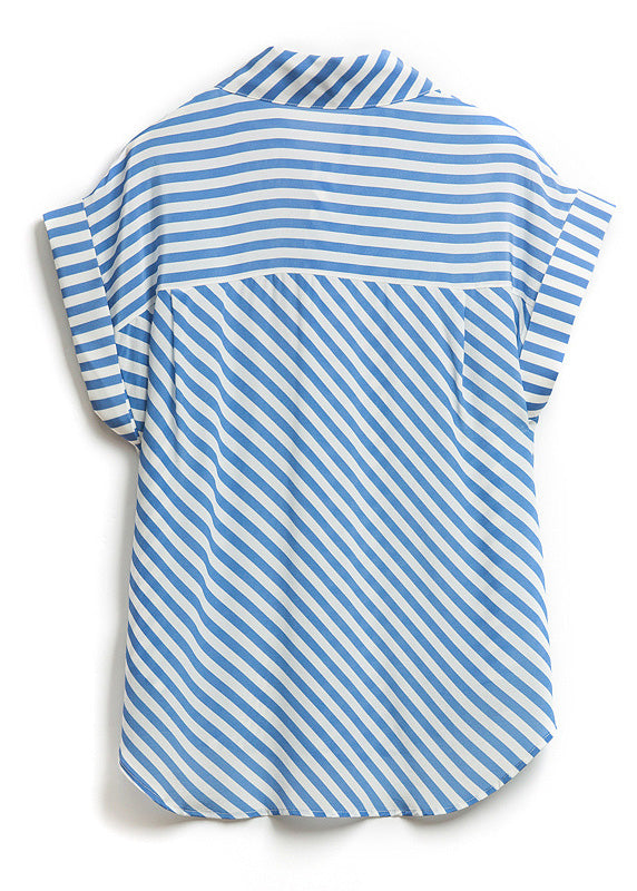 Fashion Blue Peter Pan Collar Striped Button Low High Design Silk Shirts Summer LY0365 - fabuloryshop