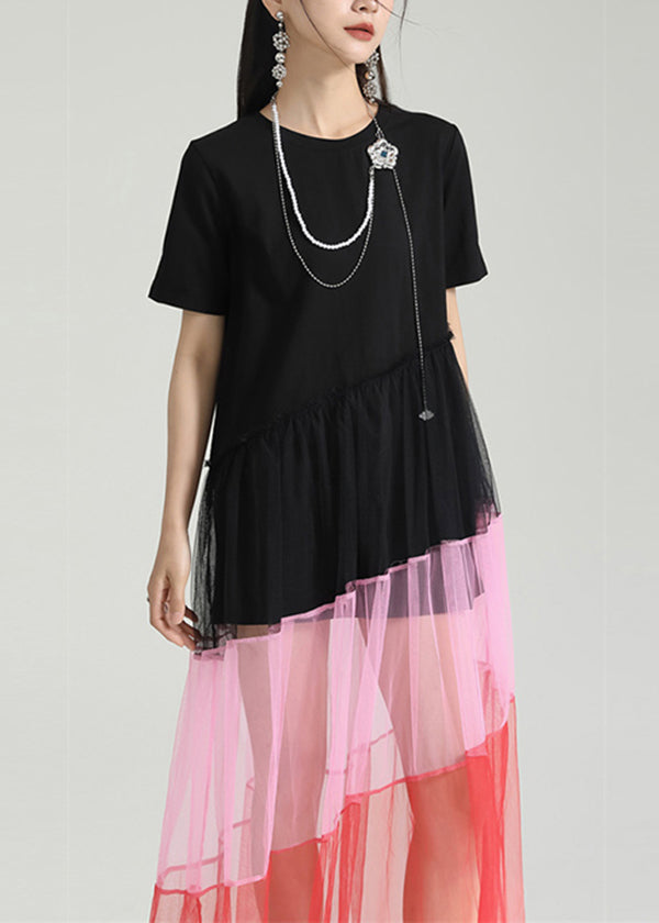 Fashion Colorblock O Neck Wrinkled Patchwork Tulle Dresses Summer Ada Fashion