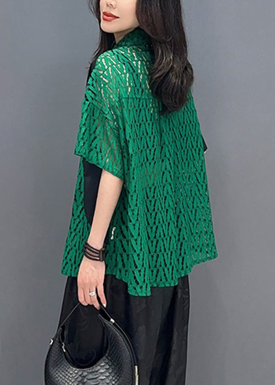 Fashion Green Peter Pan Collar Print Patchwork Button Shirts Short Sleeve LY4389 - fabuloryshop