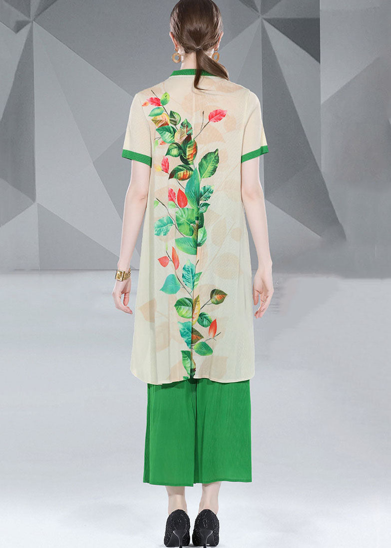 Fashion Green Print Button Loose Chiffon 2 Piece Outfit Summer LY7382 - fabuloryshop