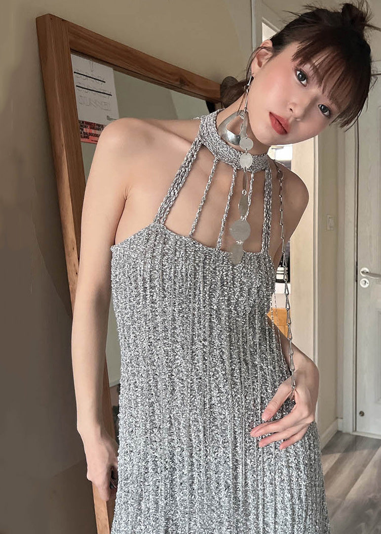 Fashion Grey Cold Shoulder Slim Fit Knit Mid Dress Summer Ada Fashion