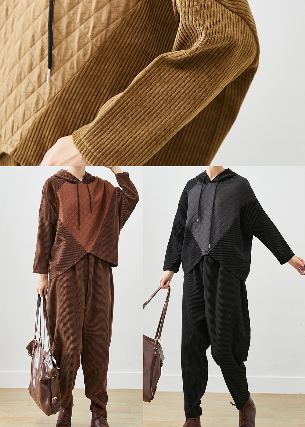 Fashion Khaki Hooded Patchwork Corduroy Two Pieces Set Batwing Sleeve Ada Fashion