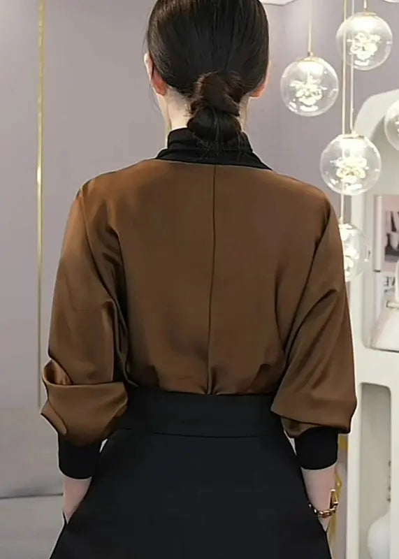 Fashion Mulberry Hign Neck Wrinkled Patchwork Silk Shirt Tops Fall Ada Fashion
