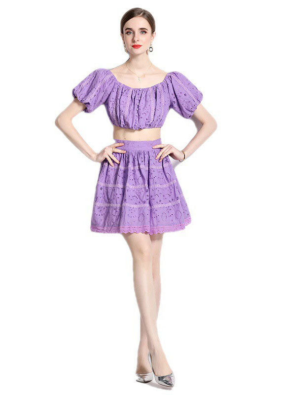 Fashion Purple Hollow Out Wrinkled Patchwork Cotton 2 Piece Outfit Summer LY7436 - fabuloryshop