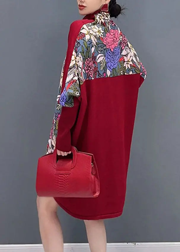 Fashion Red Print Knit Patchwork Tops Long Sleeve Ada Fashion