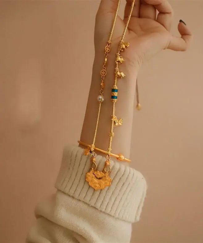 Fine Ancient Gold Floral Butterfly Peal Pendant Necklace Ada Fashion