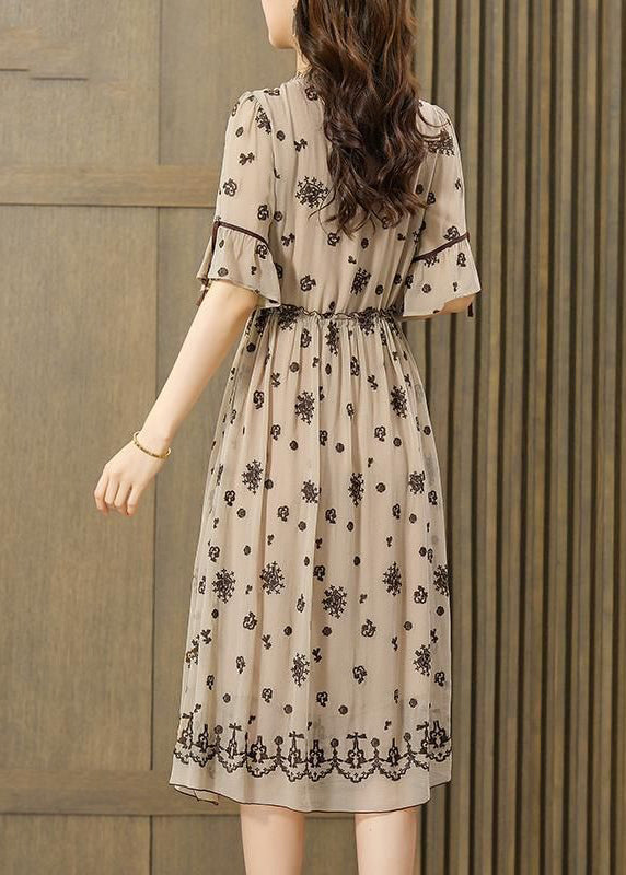 Fine Beige Ruffled Embroideried Exra Large Hem Silk Cinched Dress Summer LY3724 - fabuloryshop