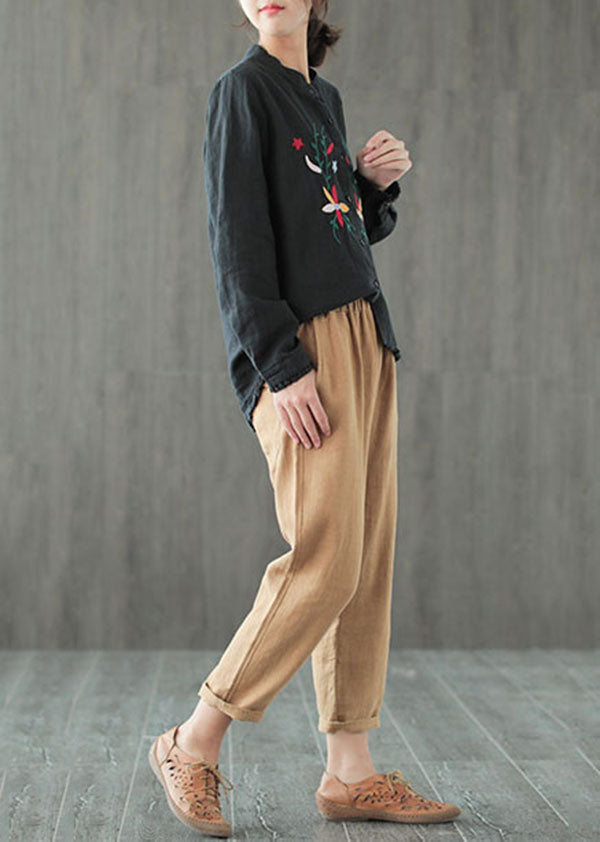 Fine Black Ruffled Embroideried Patchwork Cotton Shirt Tops Long Sleeve LY6214 - fabuloryshop