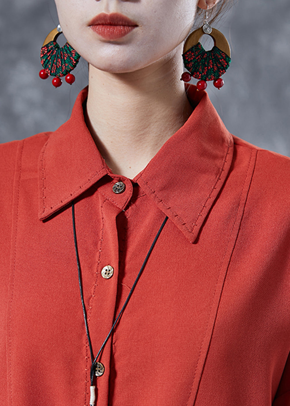 Fine Brick Red Oversized Patchwork Lace Up Chiffon Shirt Tops Spring LY4095 - fabuloryshop