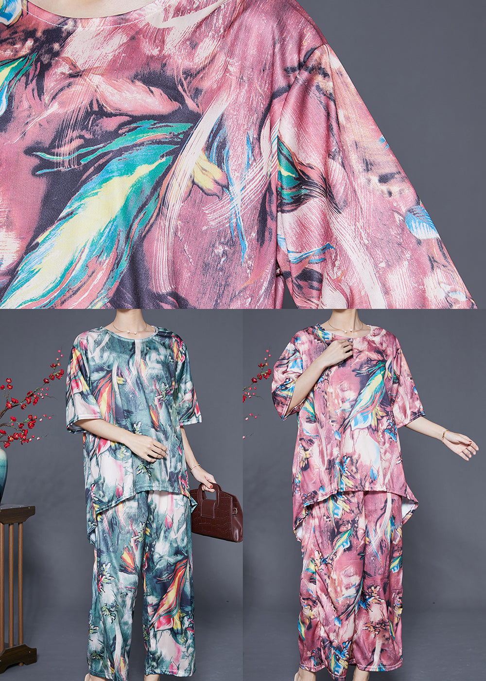 Fine Pink Print Low High Design Chiffon Two Pieces Set Summer Ada Fashion