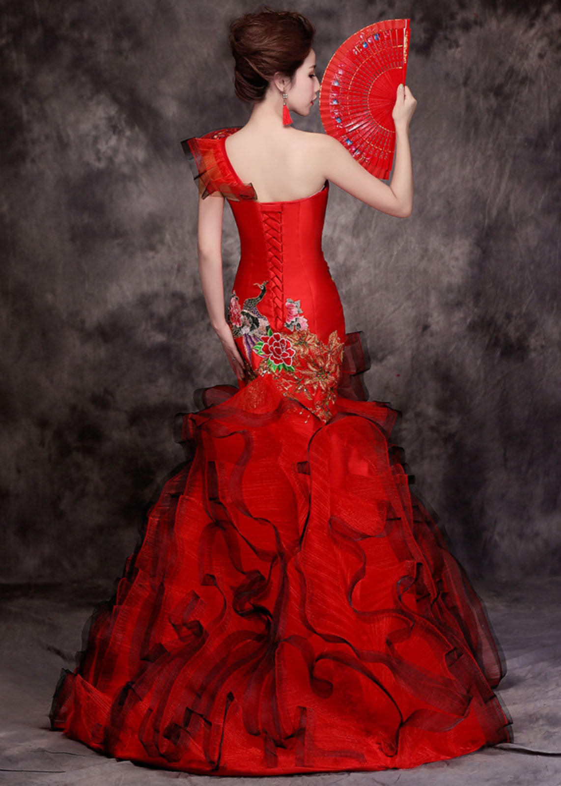 Fine Red One Shoulder Embroideried Patchwork Tulle Fishtail Long Dress Summer Ada Fashion