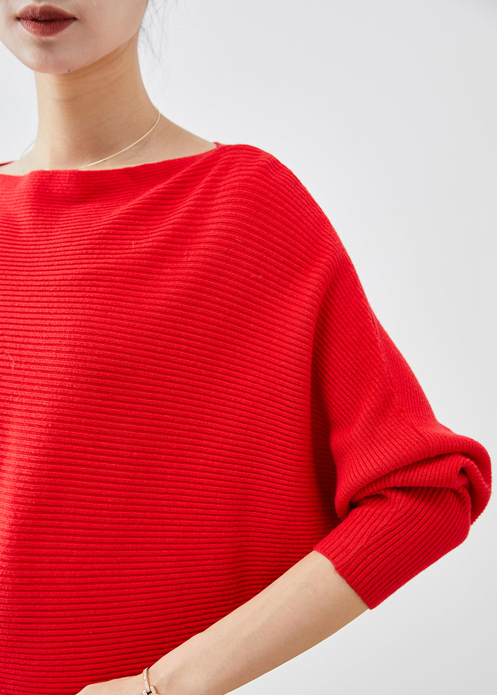 Fine Red Slash Neck Oversized Knit Sweater Tops Batwing Sleeve Ada Fashion